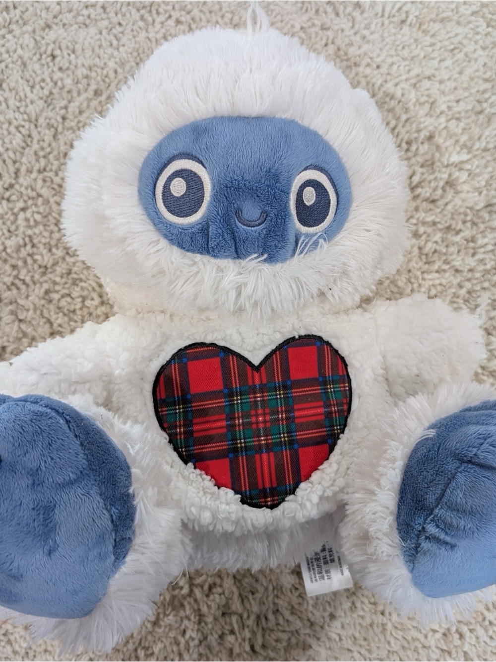 Disney Parks White Plush Yeti with Blue Face and Paws and Red Plaid Heart